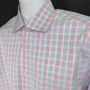 Bugatchi Plaid Shirt Purple Blue XL See Measurements Shaped Fit Flip Cuff Cotton